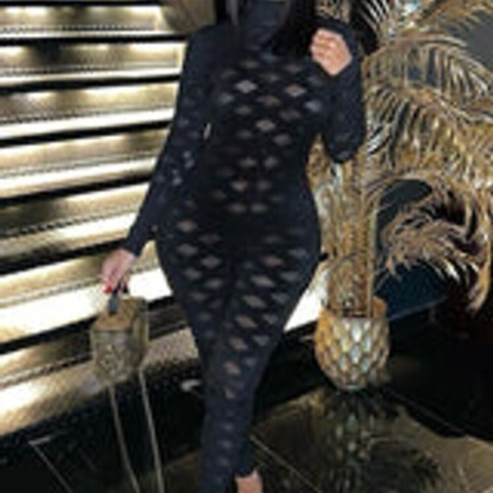 See Right Through Mesh Jumpsuit - Black